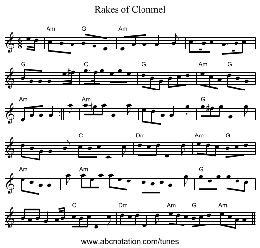 Rakes of Clonmel - staff notation