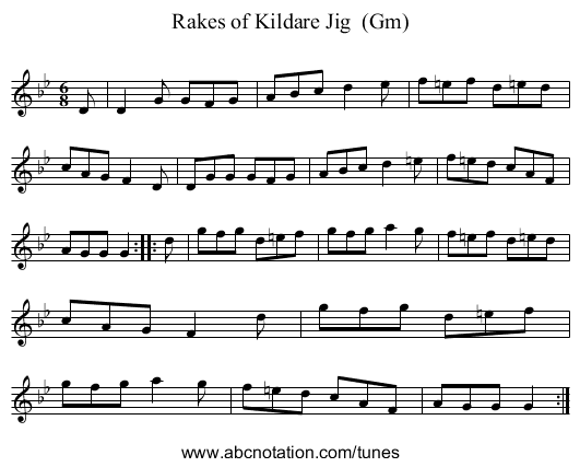 Rakes of Kildare Jig  (Gm) - staff notation