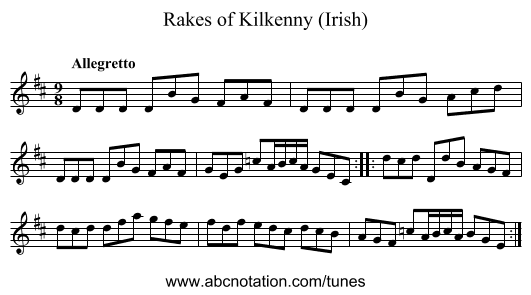 Rakes of Kilkenny (Irish) - staff notation