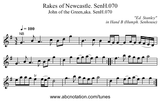 Rakes of Newcastle. SenH.070 - staff notation
