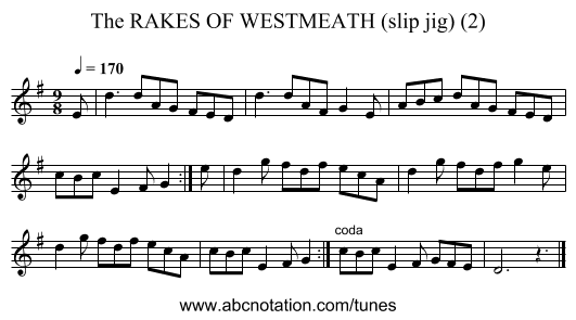 RAKES OF WESTMEATH (slip jig) (2), The - staff notation