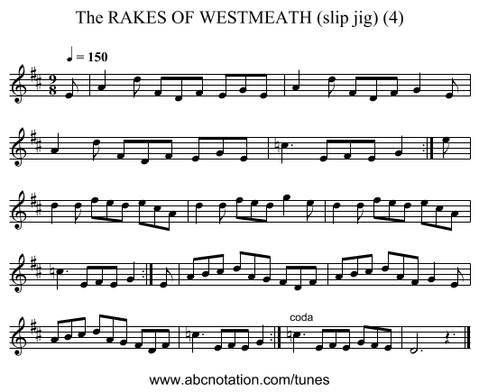 RAKES OF WESTMEATH (slip jig) (4), The - staff notation