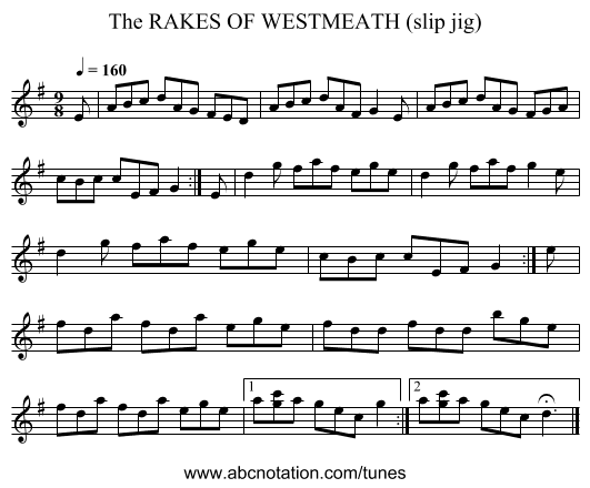 RAKES OF WESTMEATH (slip jig), The - staff notation