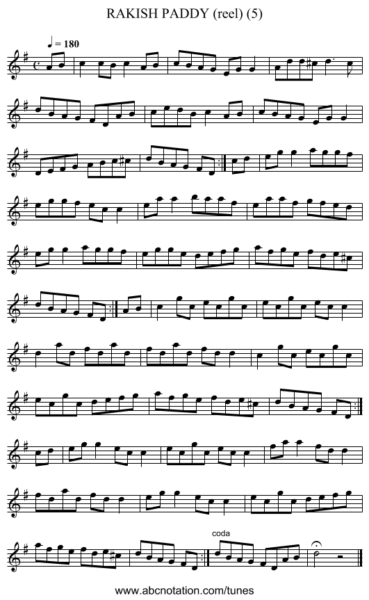 RAKISH PADDY (reel) (5) - staff notation