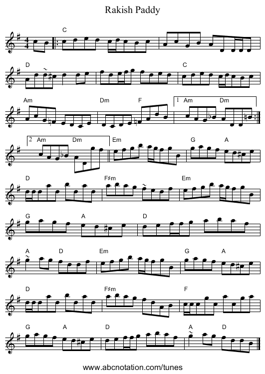 Rakish Paddy - staff notation