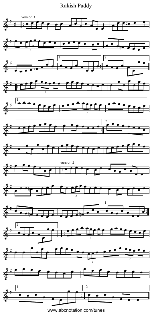 Rakish Paddy - staff notation