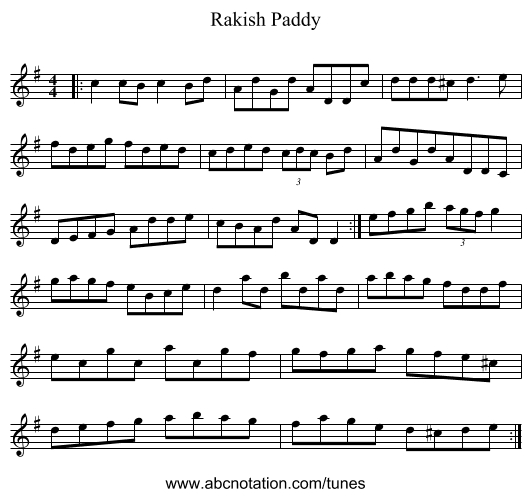 Rakish Paddy - staff notation