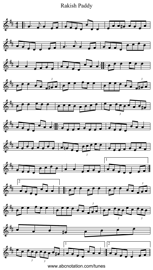 Rakish Paddy - staff notation