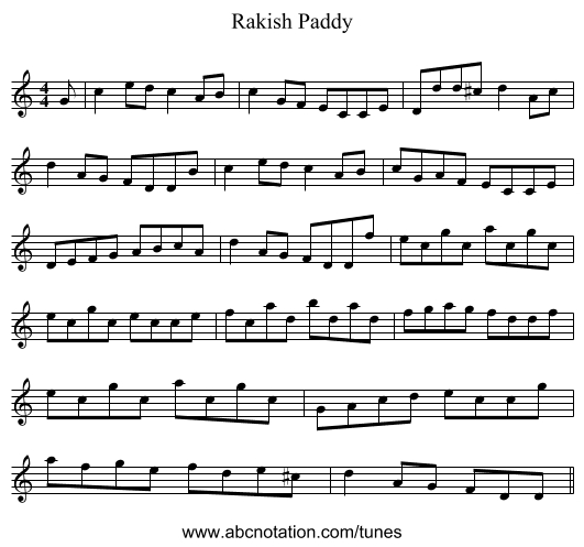 Rakish Paddy - staff notation