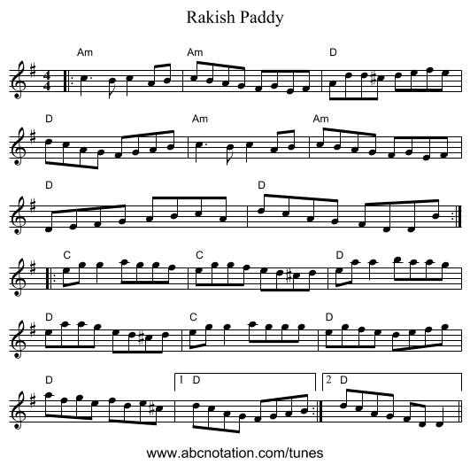 Rakish Paddy - staff notation