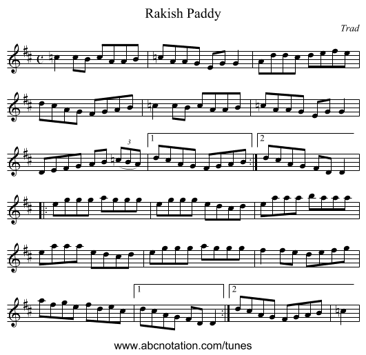 Rakish Paddy - staff notation