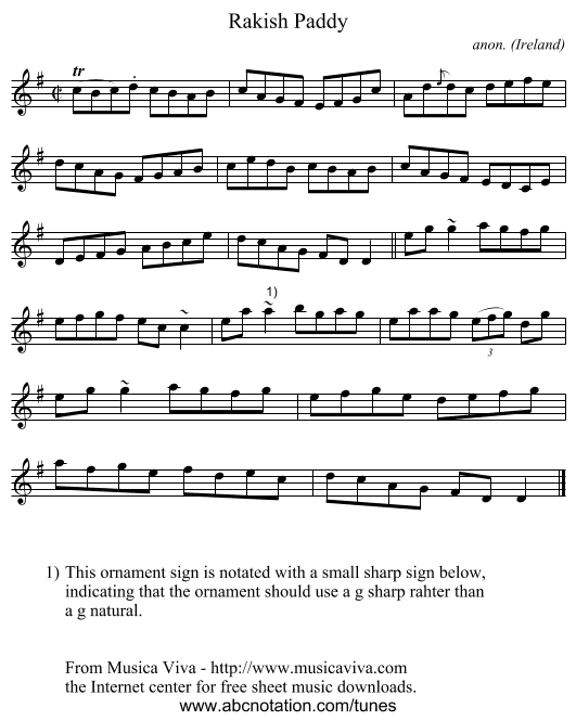 Rakish Paddy - staff notation