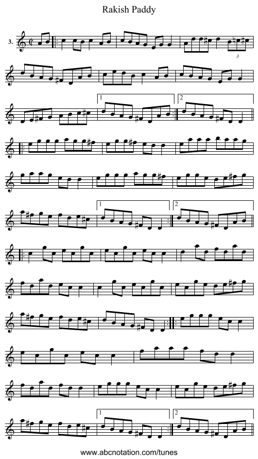 Rakish Paddy - staff notation
