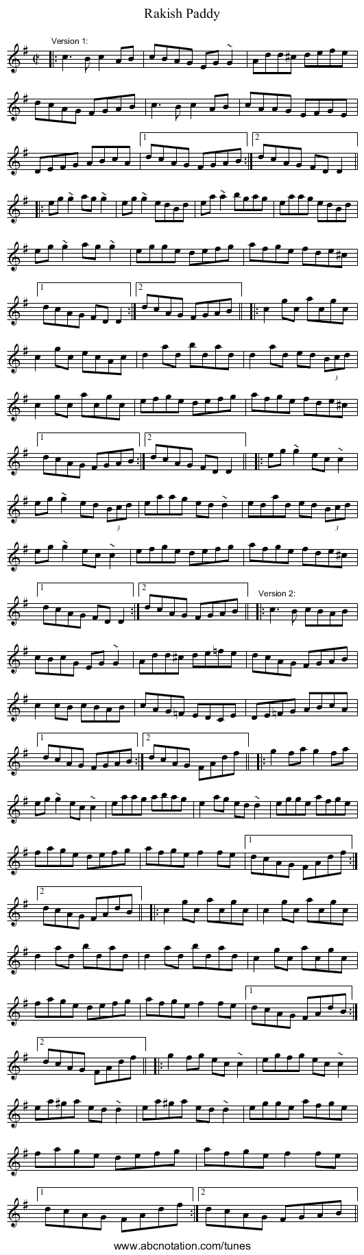 Rakish Paddy - staff notation