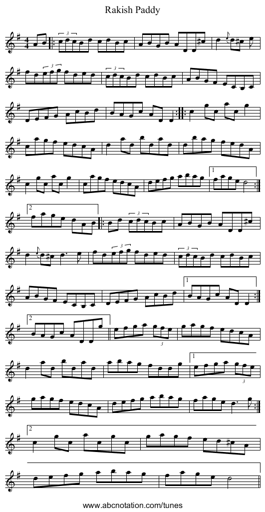 Rakish Paddy - staff notation
