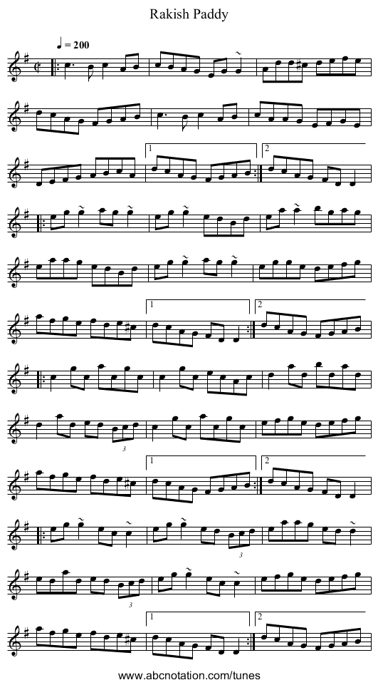 Rakish Paddy - staff notation