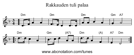 Rakkauden tuli palaa - staff notation