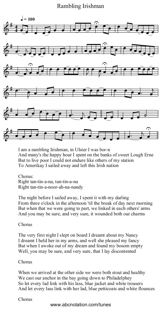 Rambling Irishman - staff notation