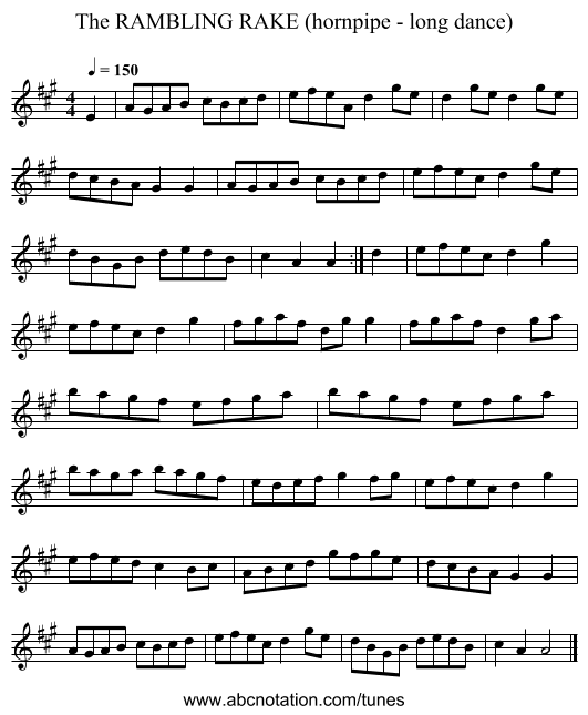 RAMBLING RAKE (hornpipe - long dance), The - staff notation