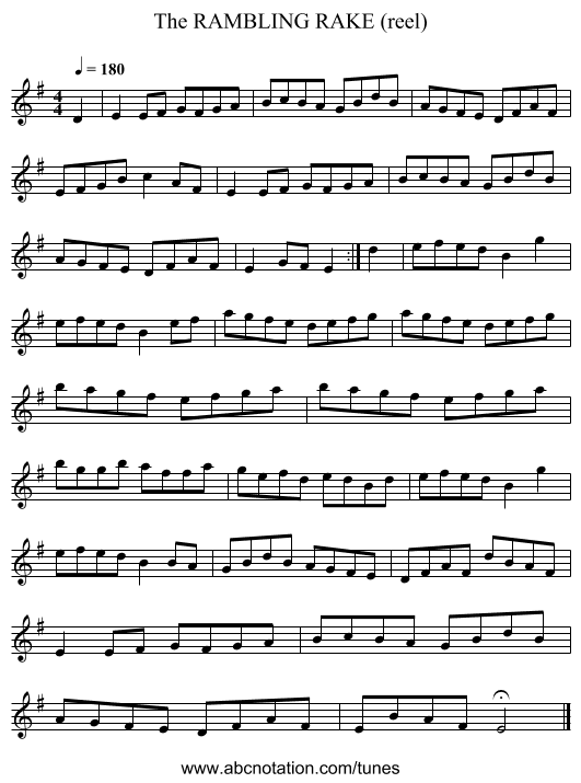 RAMBLING RAKE (reel), The - staff notation