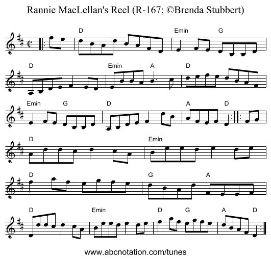 Rannie MacLellan's Reel (R-167; &copy;Brenda Stubbert) - staff notation