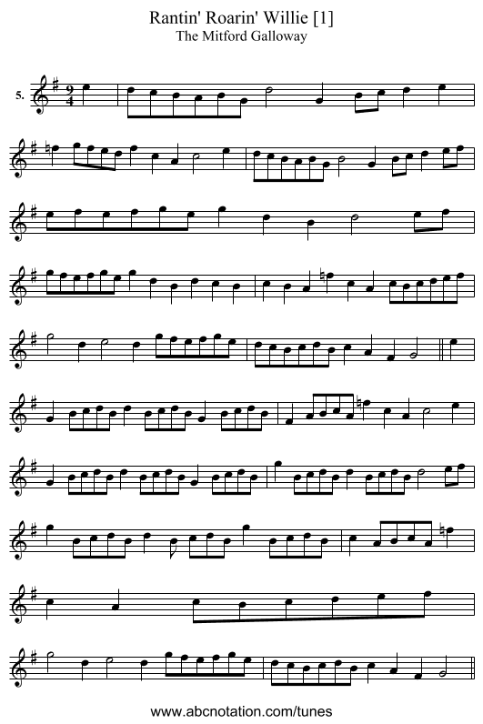 Rantin' Roarin' Willie [1] - staff notation