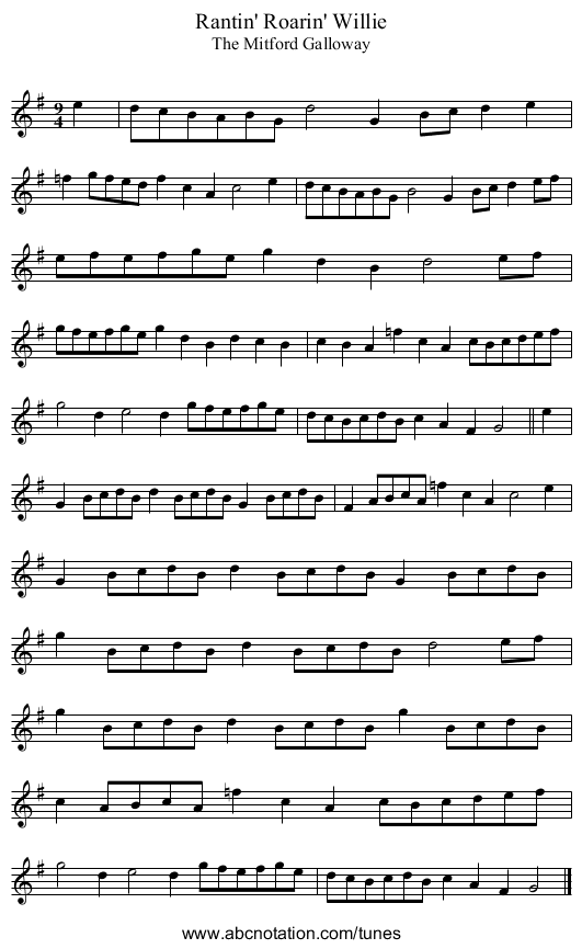 Rantin' Roarin' Willie - staff notation