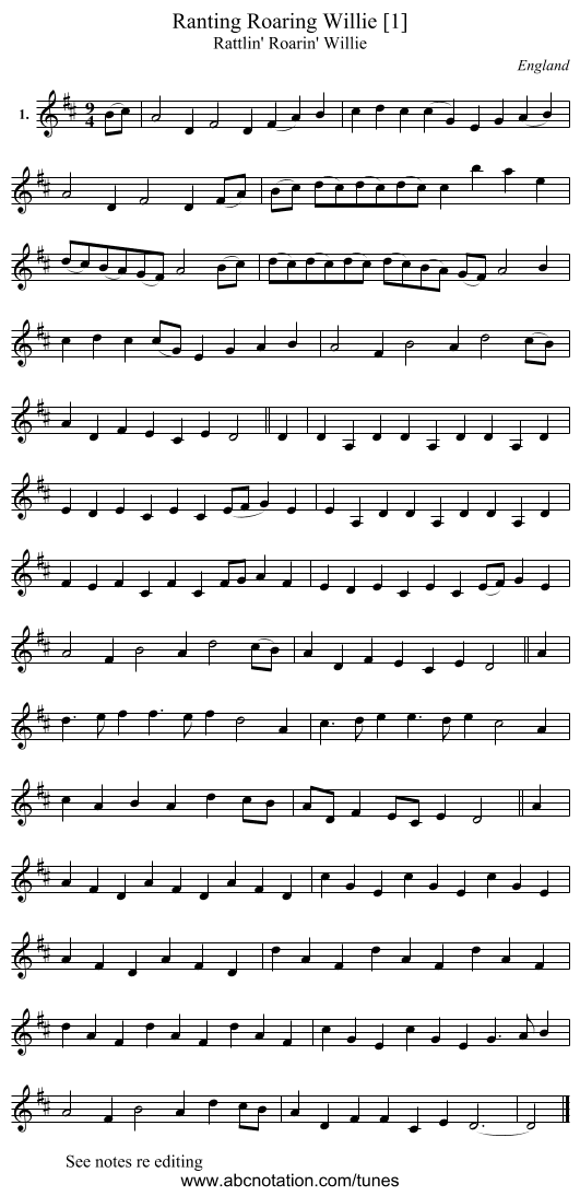 Ranting Roaring Willie [1] - staff notation