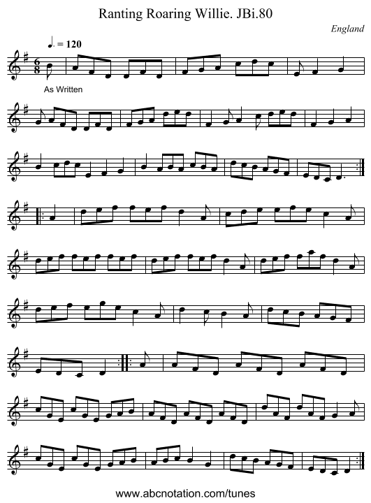 Ranting Roaring Willie. JBi.80 - staff notation