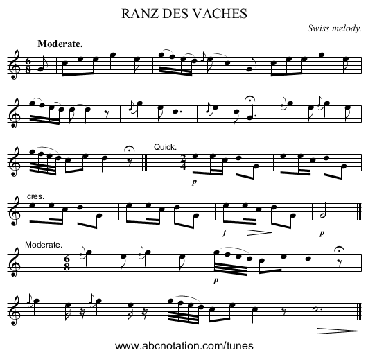 RANZ DES VACHES - staff notation