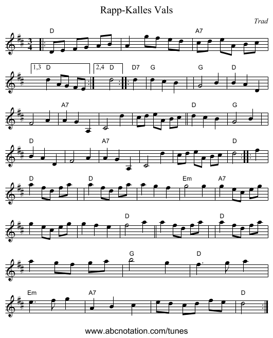 Rapp-Kalles Vals - staff notation