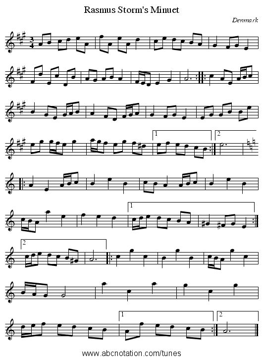 Rasmus Storm's Minuet - staff notation