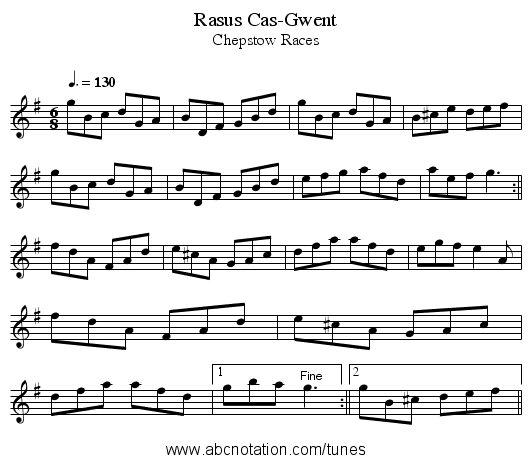 Rasus Cas-Gwent - staff notation