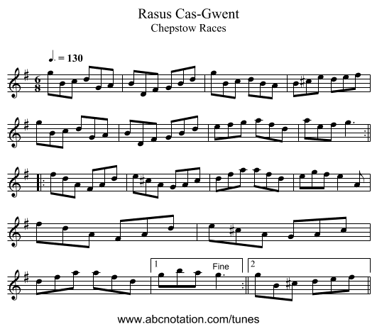 Rasus Cas-Gwent - staff notation