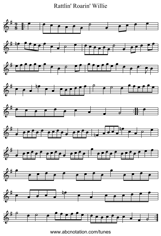 Rattlin' Roarin' Willie - staff notation