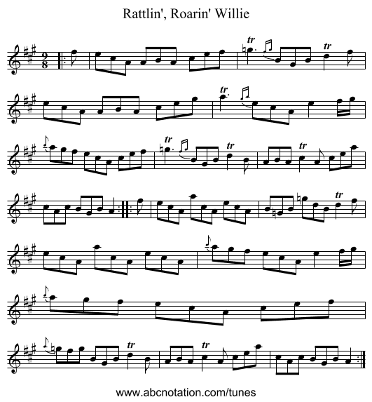 Rattlin', Roarin' Willie - staff notation