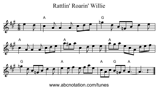 Rattlin' Roarin' Willie - staff notation