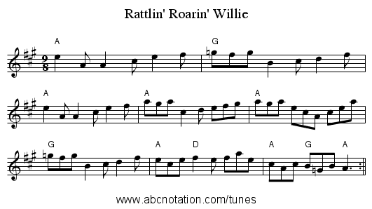 Rattlin' Roarin' Willie - staff notation