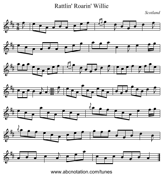 Rattlin' Roarin' Willie - staff notation