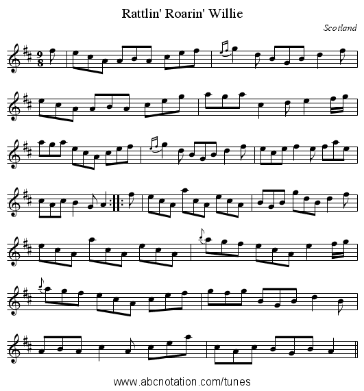 Rattlin' Roarin' Willie - staff notation
