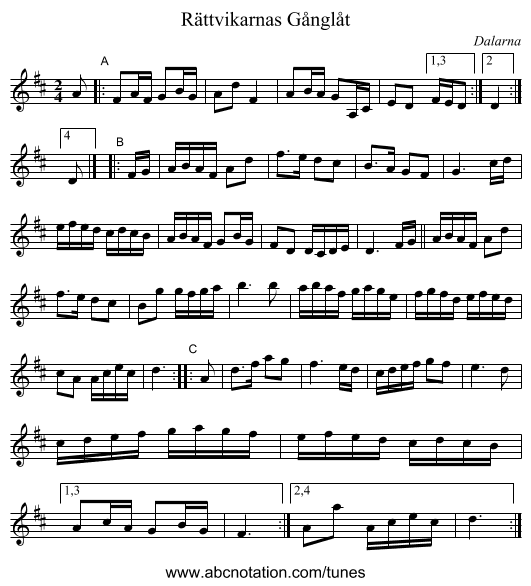 R&auml;ttvikarnas G&aring;ngl&aring;t - staff notation