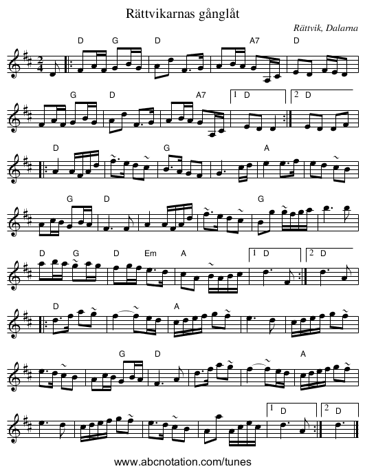 Rättvikarnas gånglåt - staff notation