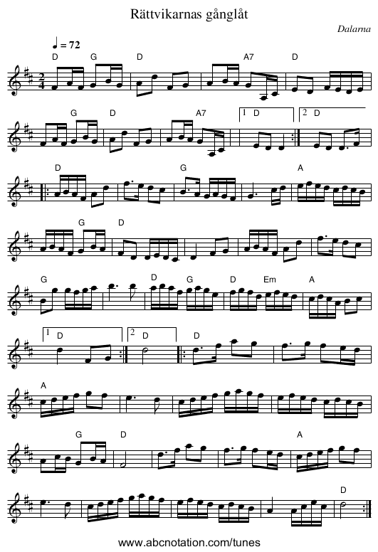 Rättvikarnas gånglåt - staff notation