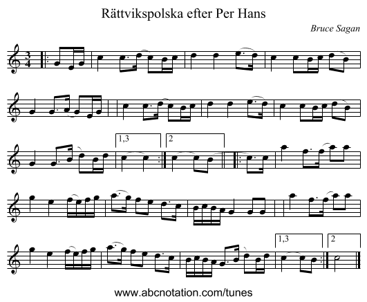 R&auml;ttvikspolska efter Per Hans - staff notation