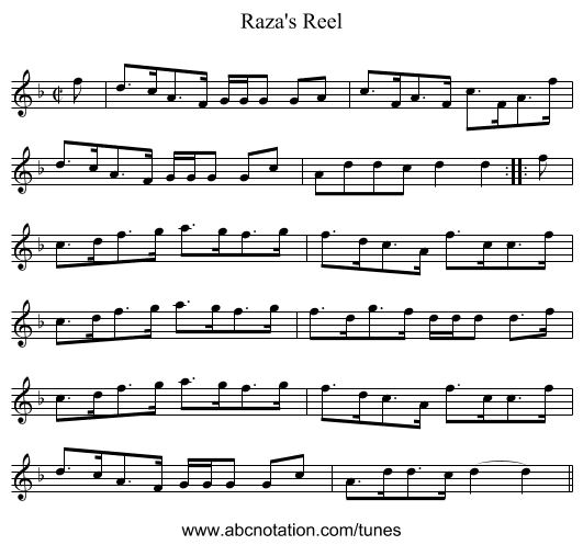 Raza's Reel - staff notation