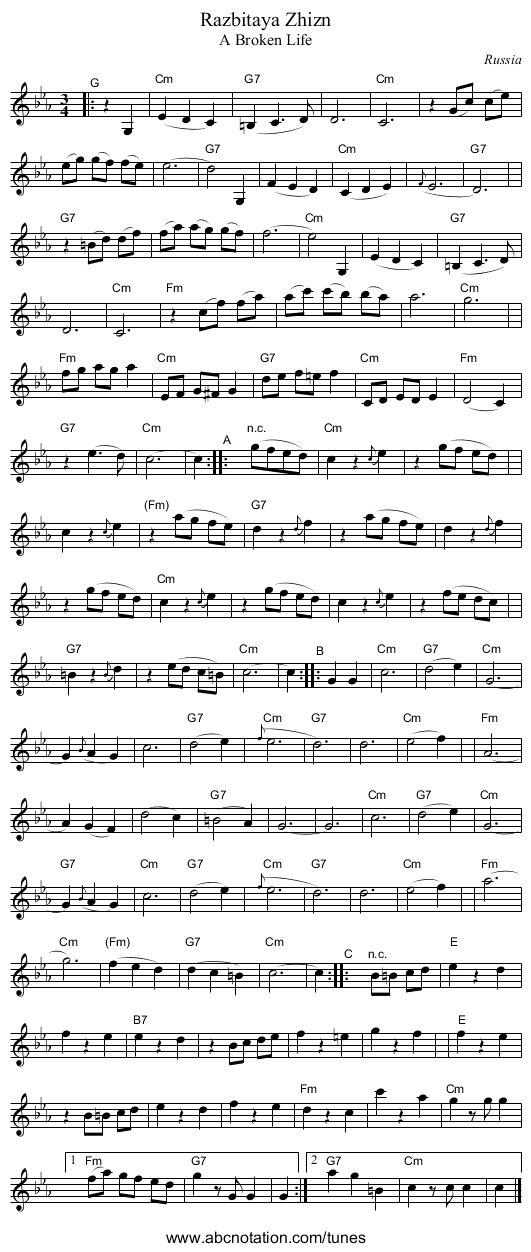 Razbitaya Zhizn - staff notation
