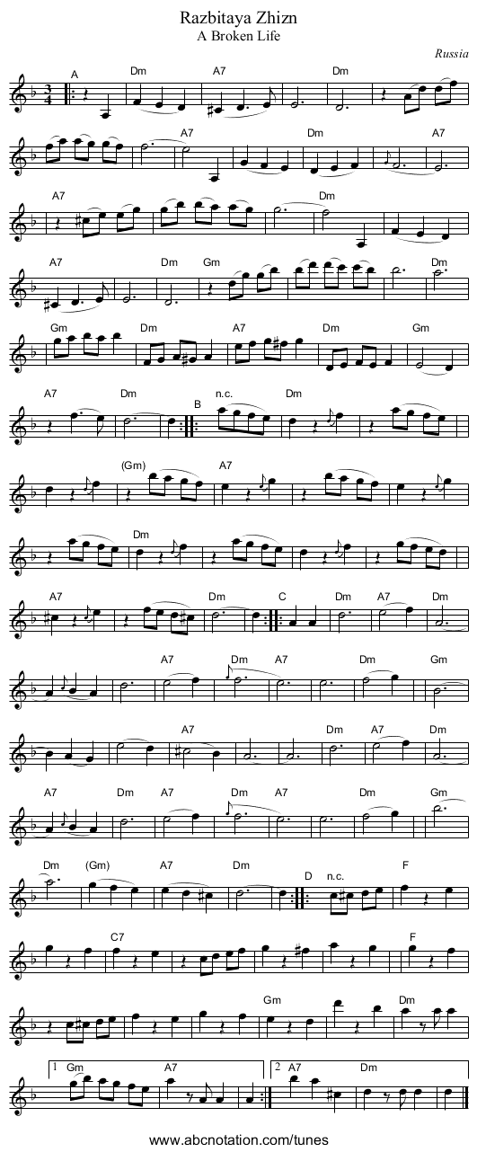 Razbitaya Zhizn - staff notation