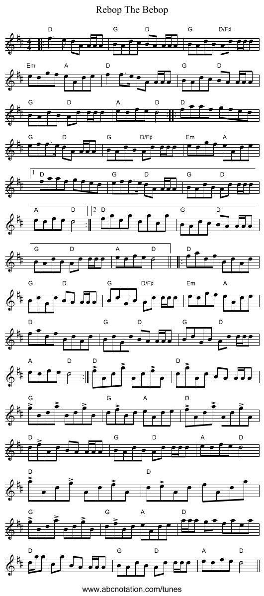 Rebop The Bebop - staff notation