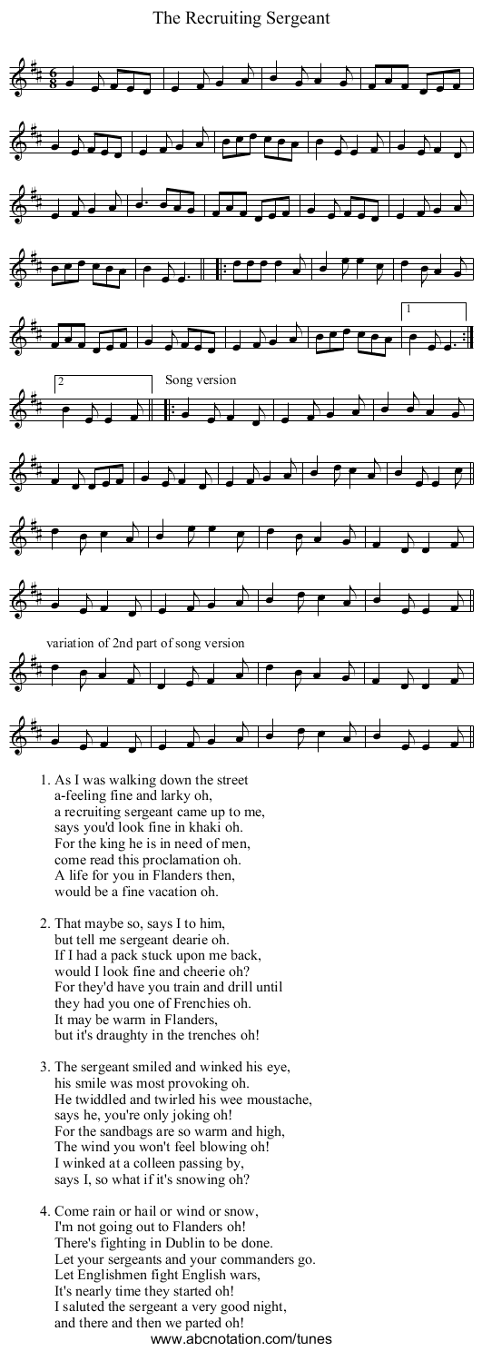 Recruiting Sergeant, The - staff notation