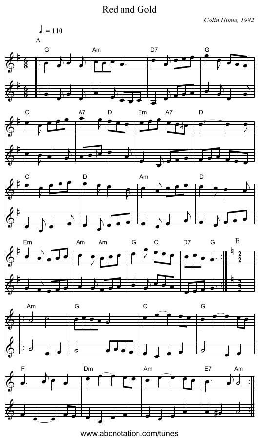 Red and Gold - staff notation